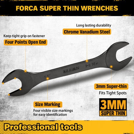 19-piece super-thin open end wrench set with 3mm slim profile, SAE and metric sizes, chrome vanadium steel construction, four-point open ends, and rolling tool pouch