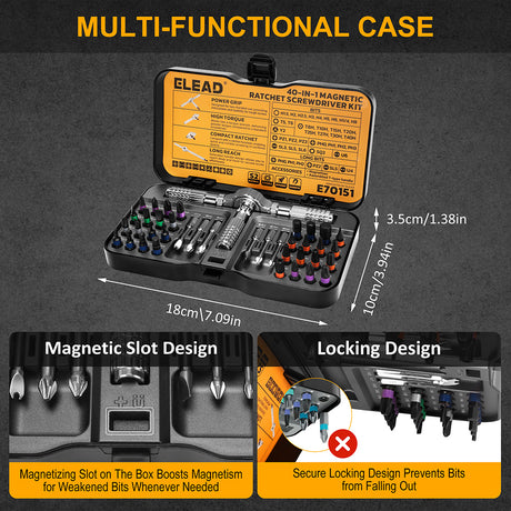 ELEAD 40-in-1 magnetic ratchet screwdriver kit with flexible handle, color-coded S2 bits, and portable locking case for precise repair and assembly tasks.