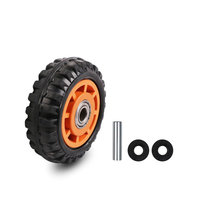 5 inch solid trolley wheel with plastic rim and 15mm bore for wheelbarrows, lawnmowers, carts and hand trucks.