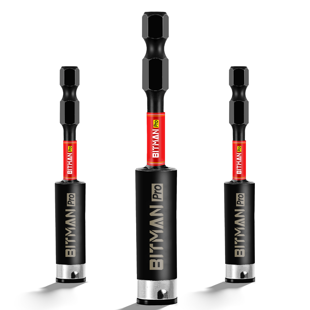 1/4 inch impact magnetic bit holder with quick change hex shank, double locking mechanism, strong magnetic tip and torsion zone, available in 2.5 inch, 3 inch and 6 inch lengths for impact drivers and power drills.