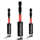 1/4 inch impact magnetic bit holder with quick change hex shank, double locking mechanism, strong magnetic tip and torsion zone, available in 2.5 inch, 3 inch and 6 inch lengths for impact drivers and power drills.
