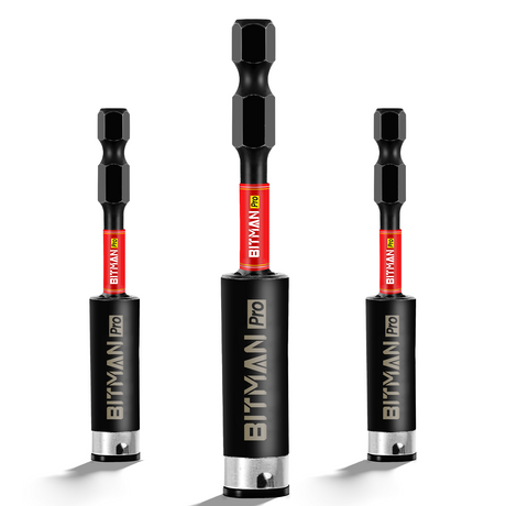 1/4 inch impact magnetic bit holder with quick change hex shank, double locking mechanism, strong magnetic tip and torsion zone, available in 2.5 inch, 3 inch and 6 inch lengths for impact drivers and power drills.