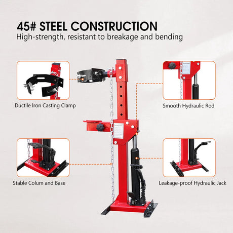 4.5 Ton hydraulic shock spring compressor with adjustable clamps and steel safety chain for car suspension and coil spring removal.