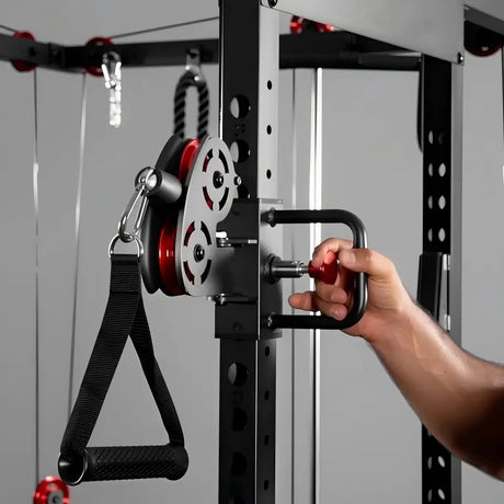 multi-function power cage power rack with cable crossover, lat pulldown, low row station and gym attachments for home strength training