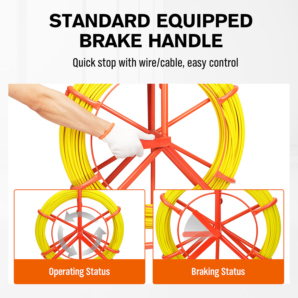 fiberglass fish tape wire puller 130m 6mm cable pulling tool with reel stand brake handle non conductive electrician conduit wiring kit