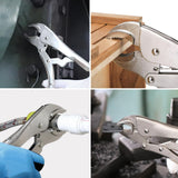 Curved jaw locking pliers in 5 inch and 10 inch options with drop forged CR-MO steel construction, adjustable tension screw, serrated jaws and quick release handle for clamping, gripping, tightening and holding metal, wood, pipe and workshop materials