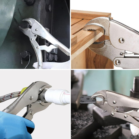 Curved jaw locking pliers in 5 inch and 10 inch options with drop forged CR-MO steel construction, adjustable tension screw, serrated jaws and quick release handle for clamping, gripping, tightening and holding metal, wood, pipe and workshop materials