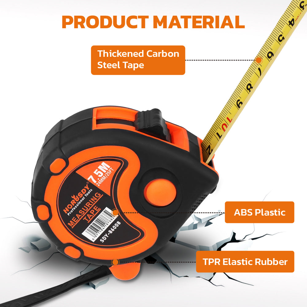 HORUSDY 25FT Tape Measure 7.5M x 24MM Self-Locking Measuring Tape with Belt Clip, Wrist Strap & Dual Scale