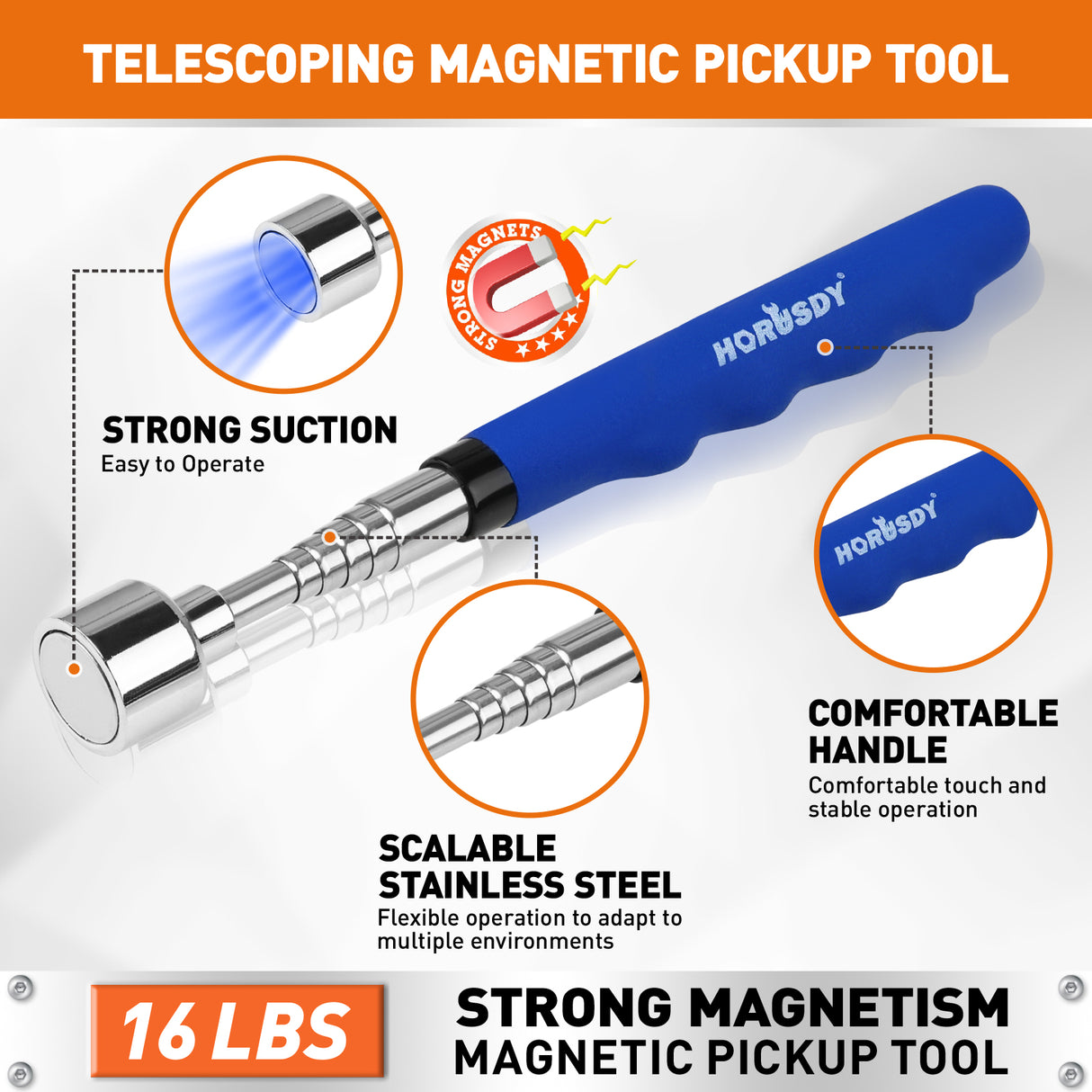 4-piece telescoping magnetic pickup tool kit with inspection mirror, flexible grabber and strong magnets