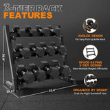 350 lb or 450 lb hex dumbbell set with 3-tier storage rack, anti-roll heads and knurled handles for home gym strength training