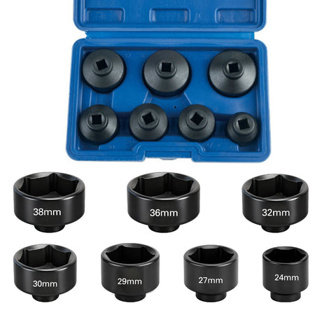 PROFESSIONAL TOOLS 7-piece 3/8-inch drive oil filter socket set with 24-38mm 6-point cap wrenches and storage case