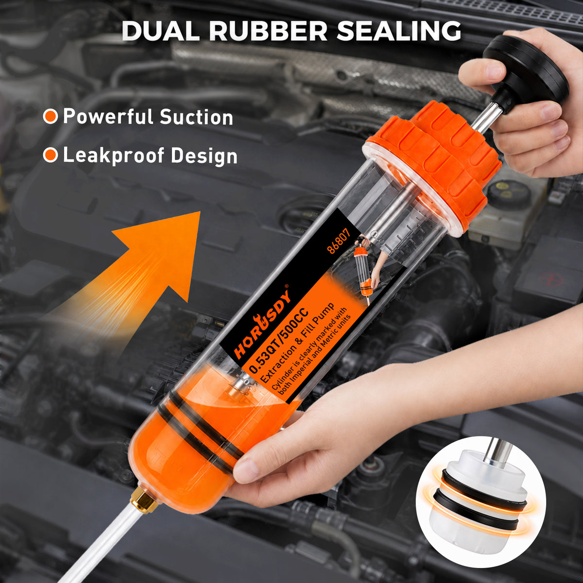 500cc manual fluid extractor and fill pump with transparent graduated cylinder, hand plunger, flexible hose, extension tubes and sealing accessories