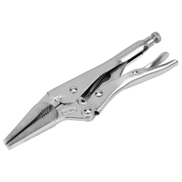 9.5-inch long nose locking pliers made of CR-MO steel with adjustable tension screw, quick release trigger and long narrow jaws