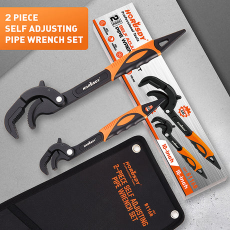 Self-adjusting pipe wrench set with high-carbon steel jaws, non-slip handles and 14–63mm capacity for plumbing, auto repair and home maintenance