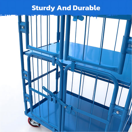 Heavy duty 4-door warehouse cage trolley with mesh panels, swivel wheels and brake function for logistics, storage and transport