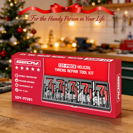 131-piece metric thread repair kit with wire thread inserts, drill bits, taps, installation tools, breaking pin tools, and red storage case for automotive repair