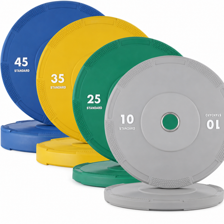 Olympic bumper plates set with low-bounce rubber, steel inserts, textured grip edges and IWF color-coded weight options for barbell training