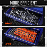 3-piece magnetic socket organizer set with 75 slots, orange metric socket holders for 1/4, 3/8 and 1/2 inch drive sockets, suitable for toolboxes and workshop storage.