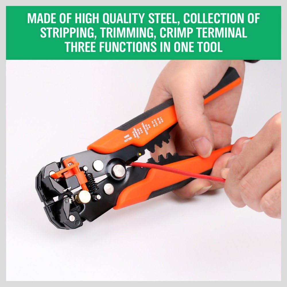 8 Inch 5-in-1 Automatic Wire Stripper with Self Adjusting Jaws, Wire Cutter, Terminal Crimper and Orange Non-Slip Handles