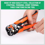 8 Inch 5-in-1 Automatic Wire Stripper with Self Adjusting Jaws, Wire Cutter, Terminal Crimper and Orange Non-Slip Handles