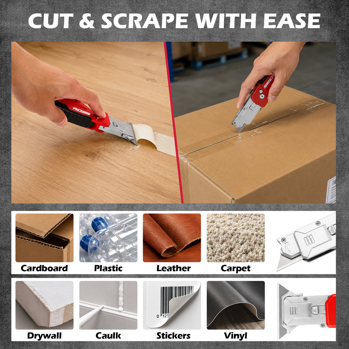 2-in-1 folding utility knife and scraper with SK5 blades, 3-angle locking, built-in blade storage and belt clip