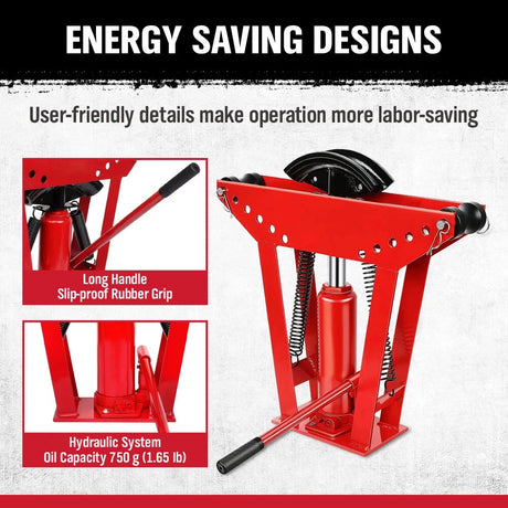 red hydraulic pipe bender with 8 bending dies for 1/2 inch to 3 inch pipes and adjustable roller frame