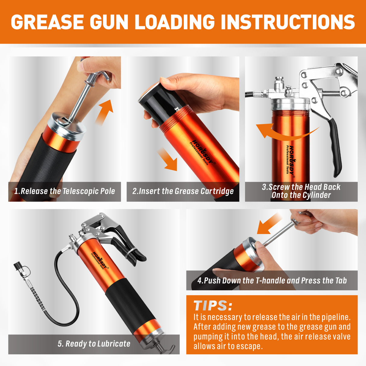 18-piece pistol grip grease gun kit with 8000 PSI pressure, flexible hose, lock coupler and multiple grease fittings