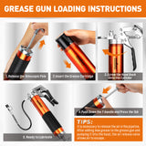 18-piece pistol grip grease gun kit with 8000 PSI pressure, flexible hose, lock coupler and multiple grease fittings
