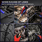 17-piece automotive trim removal and pick tool set with blue nylon pry tools, heat-treated steel hooks, clip removal pliers, ergonomic handles, roll-up pouch and extendable LED magnetic pickup tool for car panels, clips, seals, O-rings and small metal parts