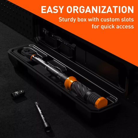 HORUSDY 1/4 inch torque wrench with dual scale, adapter, extension bar and plastic storage case