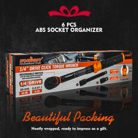 HORUSDY 1/4 inch torque wrench with dual scale, adapter, extension bar and plastic storage case