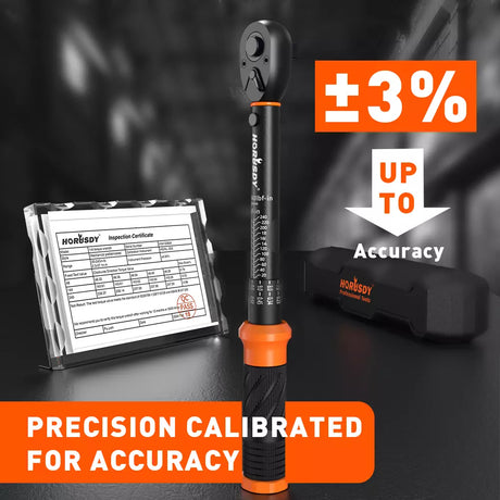 HORUSDY 1/4 inch torque wrench with dual scale, adapter, extension bar and plastic storage case