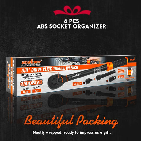 HORUSDY 3/8 inch click torque wrench set with dual scale, adapters, extension bar and storage case