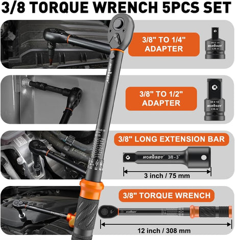 HORUSDY 3/8 inch click torque wrench set with dual scale, adapters, extension bar and storage case