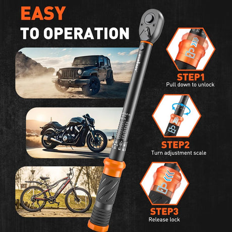 HORUSDY 3/8 inch click torque wrench set with dual scale, adapters, extension bar and storage case