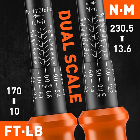 HORUSDY 1/2 inch drive click torque wrench with dual scale, adapter, extension bar, and storage case