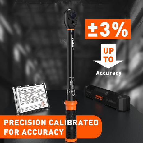 HORUSDY 1/2 inch drive click torque wrench with dual scale, adapter, extension bar, and storage case