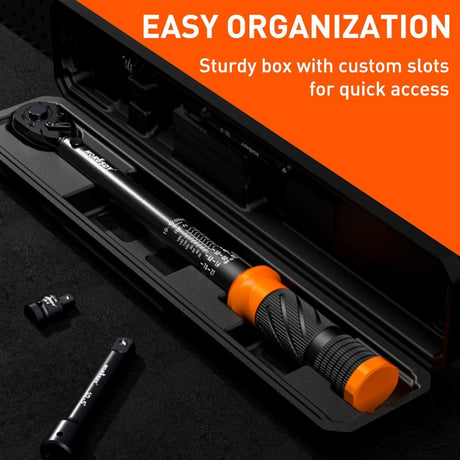 HORUSDY 1/2 inch drive click torque wrench with dual scale, adapter, extension bar, and storage case