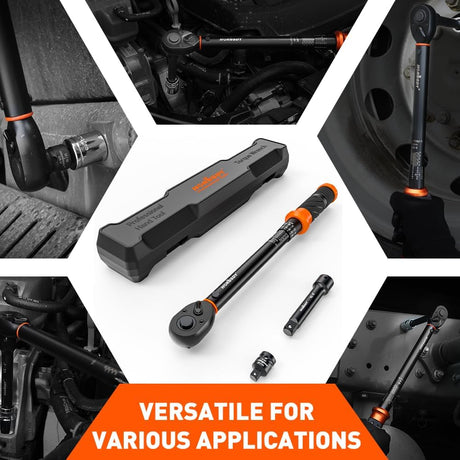 HORUSDY 1/2 inch drive click torque wrench with dual scale, adapter, extension bar, and storage case