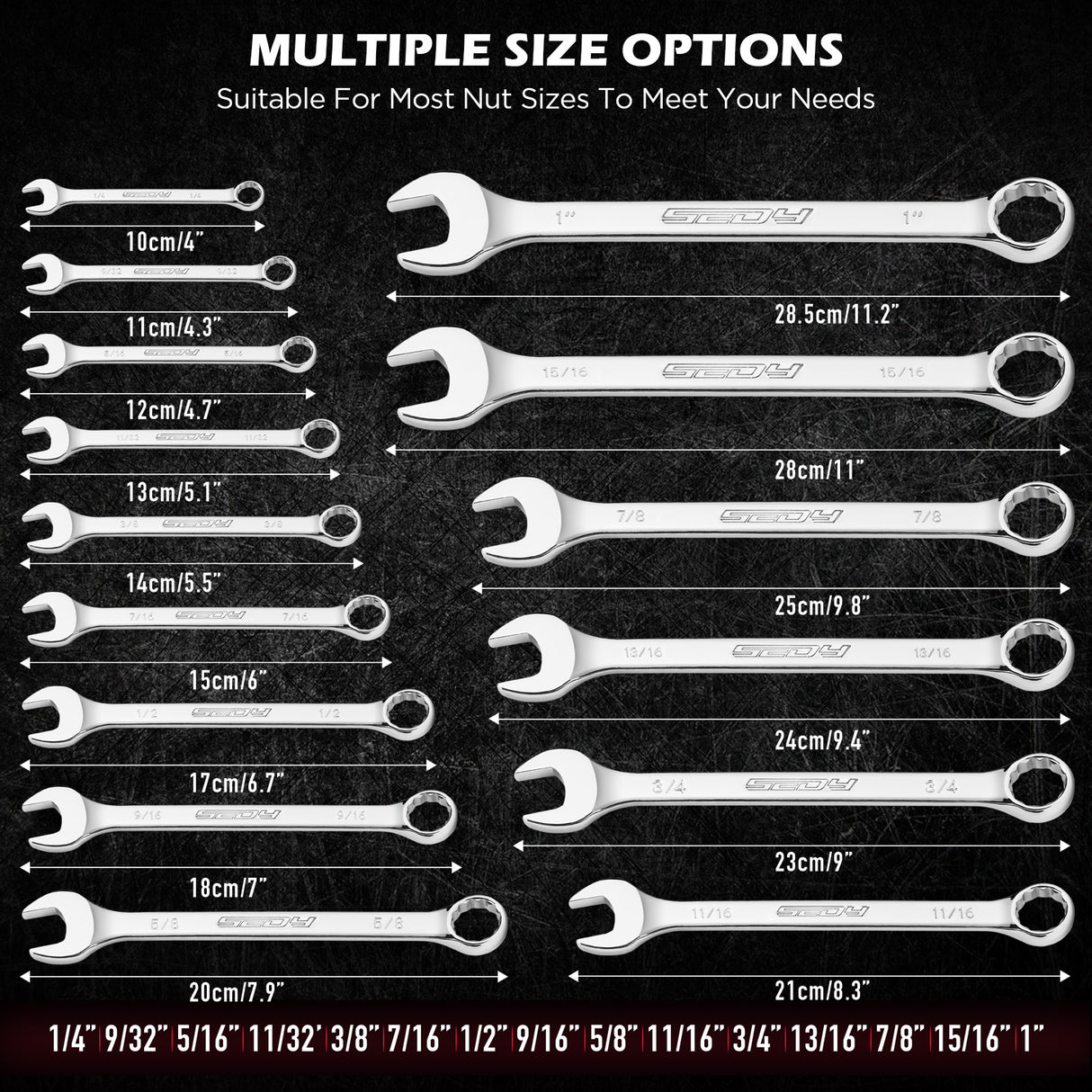 15-piece SAE combination wrench set with CR-V steel open end and 12-point box end wrenches in portable storage tray