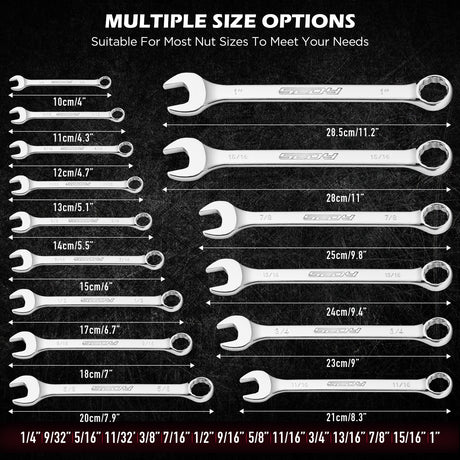 15-piece SAE combination wrench set with CR-V steel open end and 12-point box end wrenches in portable storage tray