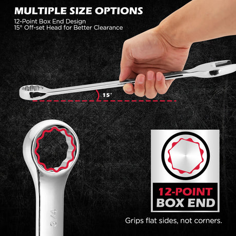 15-piece SAE combination wrench set with CR-V steel open end and 12-point box end wrenches in portable storage tray