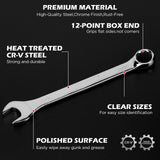 15-piece SAE combination wrench set with CR-V steel open end and 12-point box end wrenches in portable storage tray