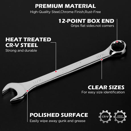 15-piece SAE combination wrench set with CR-V steel open end and 12-point box end wrenches in portable storage tray