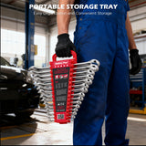 15-piece SAE combination wrench set with CR-V steel open end and 12-point box end wrenches in portable storage tray