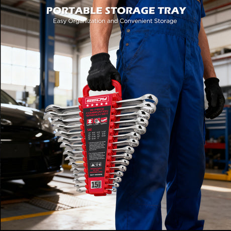 15-piece SAE combination wrench set with CR-V steel open end and 12-point box end wrenches in portable storage tray