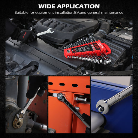 15-piece SAE combination wrench set with CR-V steel open end and 12-point box end wrenches in portable storage tray