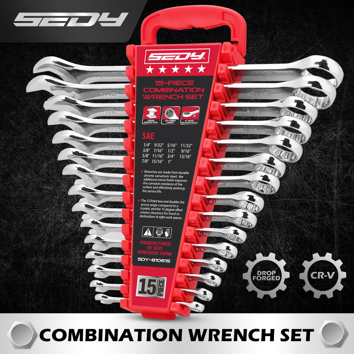 15-piece SAE combination wrench set with CR-V steel open end and 12-point box end wrenches in portable storage tray