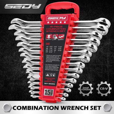 15-piece SAE combination wrench set with CR-V steel open end and 12-point box end wrenches in portable storage tray