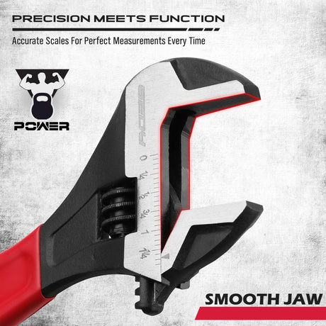 3-piece adjustable wrench set with 6, 8 and 10 inch wide jaw CR-V steel crescent wrenches, metric and SAE scales, red comfort handles